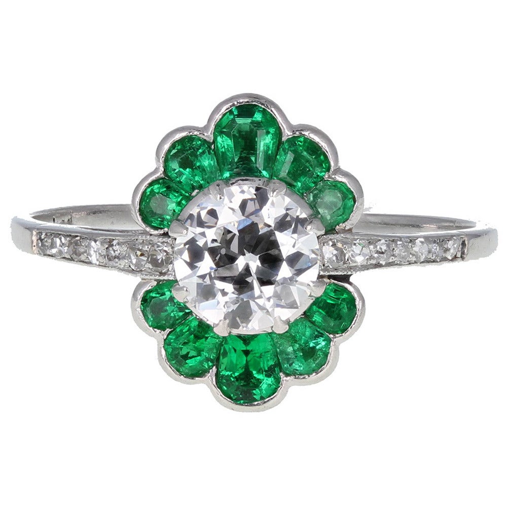 1930s Emerald and Diamond Cluster Ring in Platinum For Sale