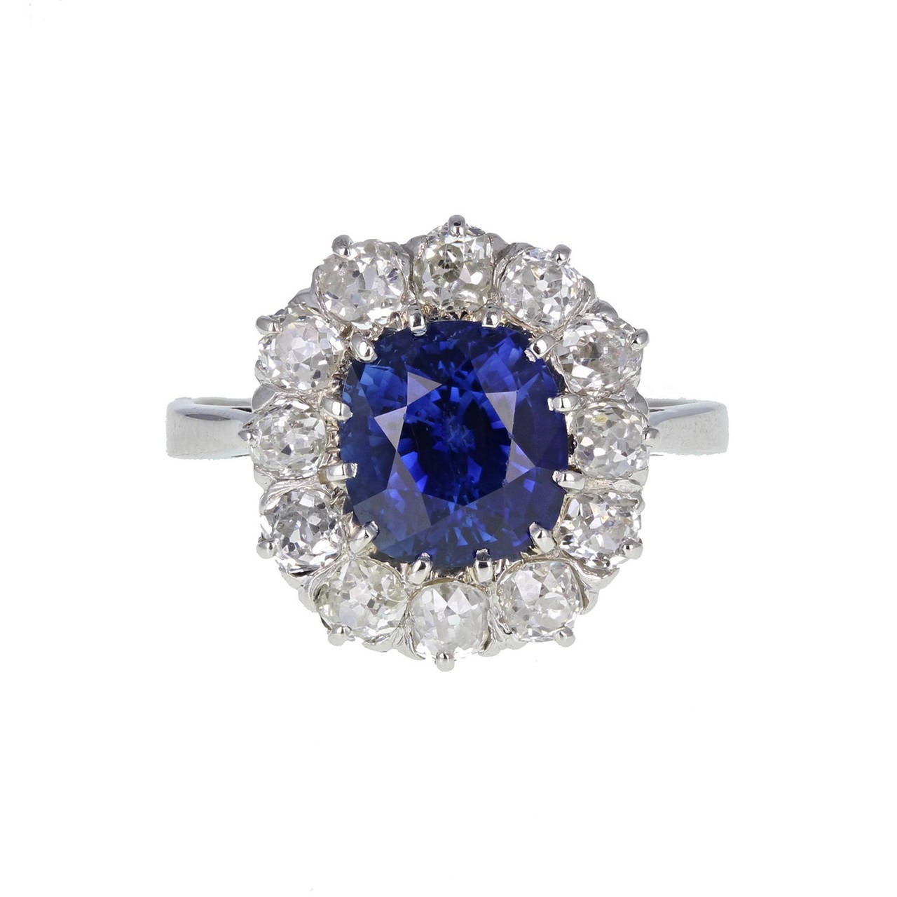 Antique Cushion Cut Sapphire Diamond Cluster Ring at 1stDibs