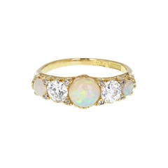 Antique Carved Gallery Set Opal Diamond Five Stone Ring