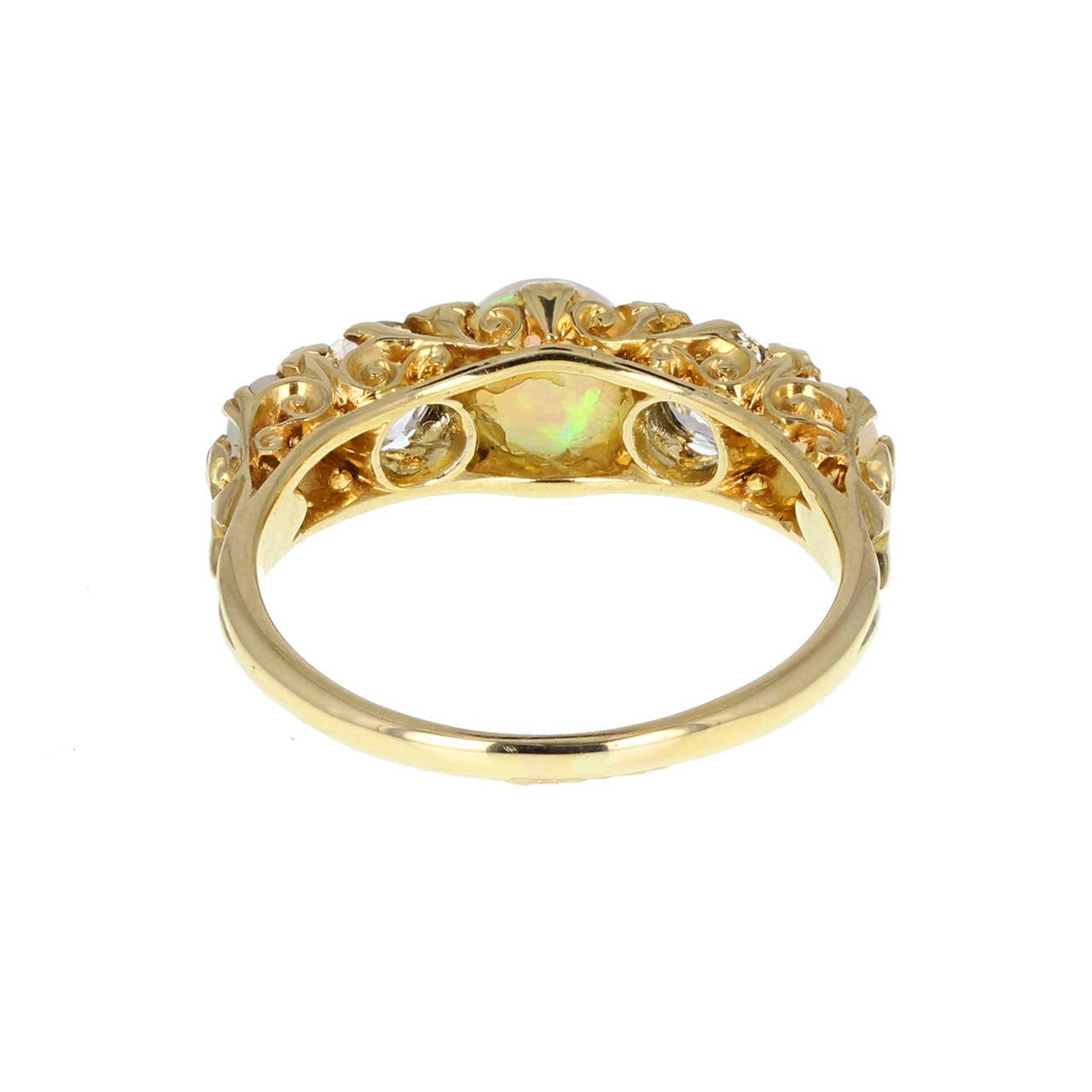 Edwardian Antique Carved Gallery Set Opal Diamond Five Stone Ring