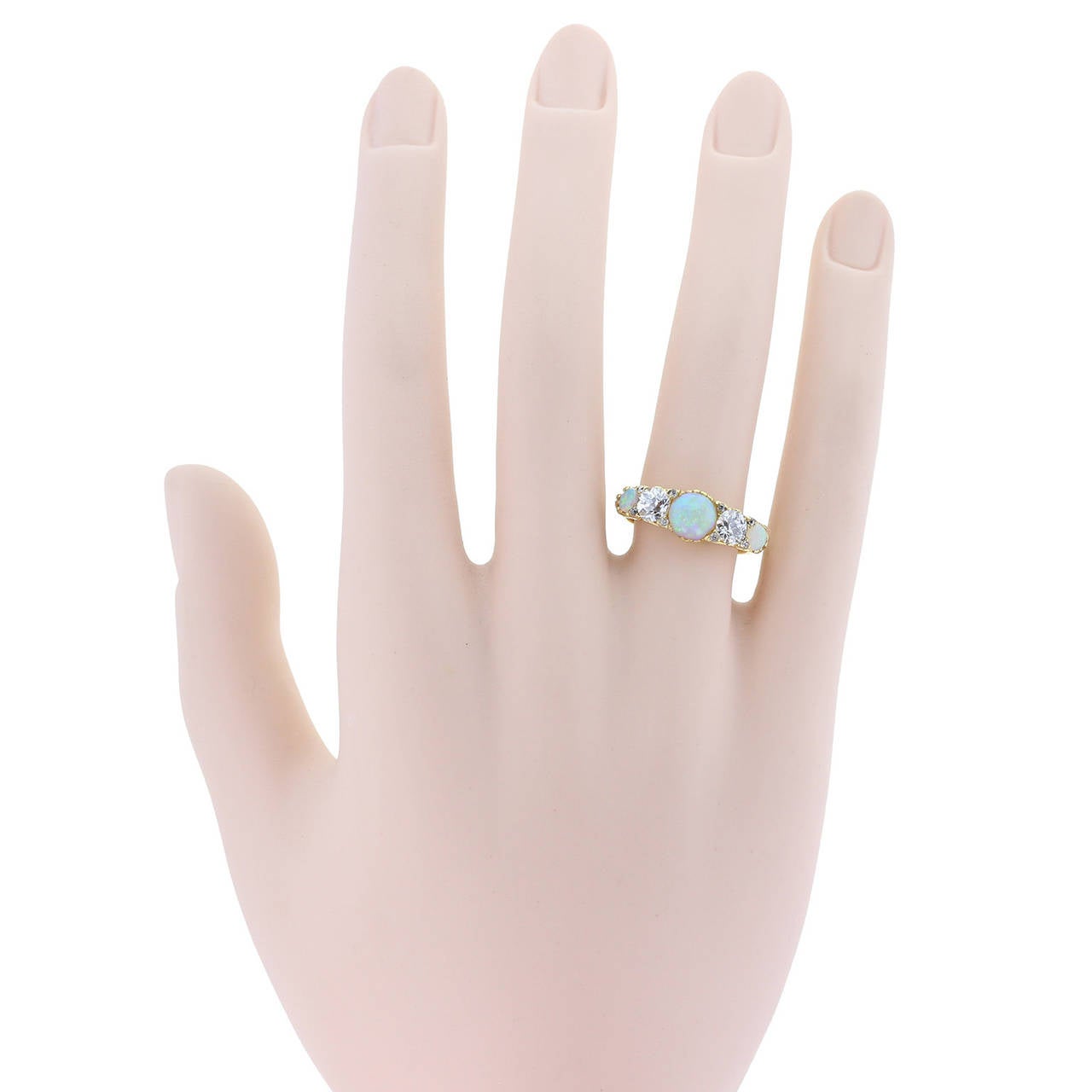 Antique Carved Gallery Set Opal Diamond Five Stone Ring In Excellent Condition In Newcastle Upon Tyne, GB