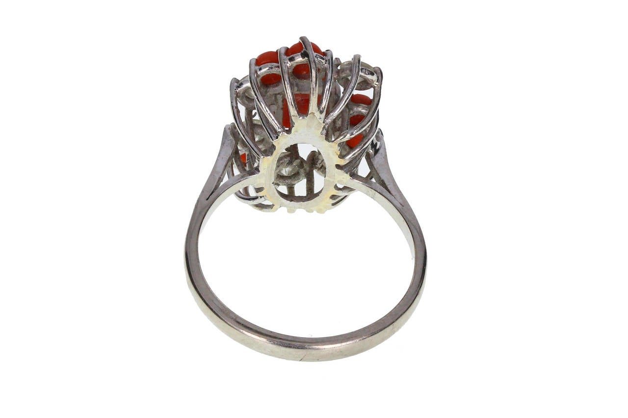 Retro Red Coral Diamond Gold Cluster Ring For Sale