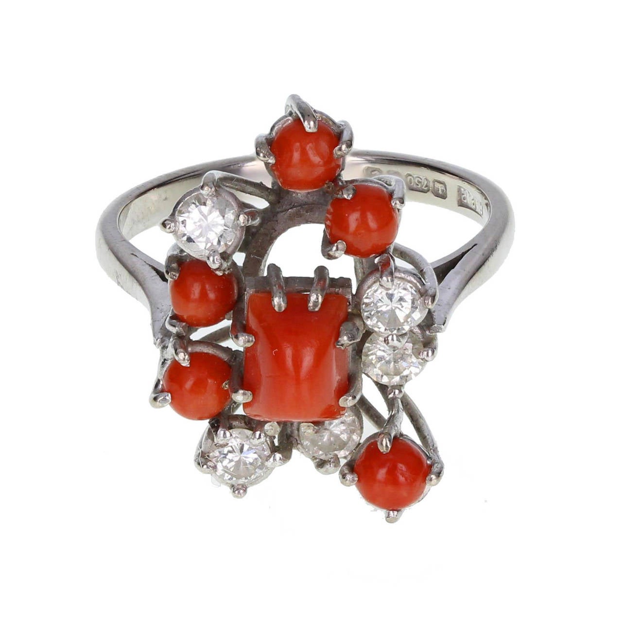 Red Coral Diamond Gold Cluster Ring For Sale