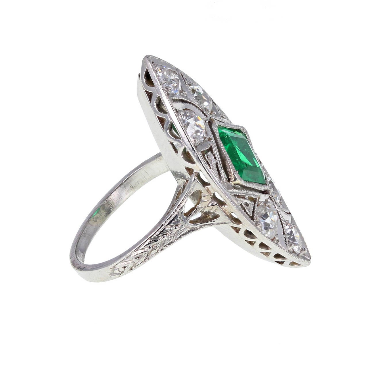 Art Deco Emerald Diamond Platinum Panel Ring For Sale at 1stDibs