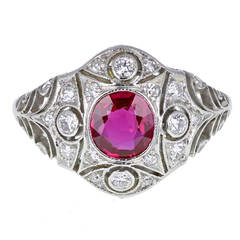 Antique Art Deco  Ruby Diamond Platinum Cluster Ring