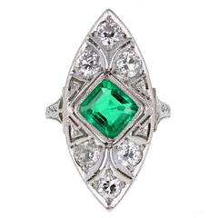 Art Deco Emerald Diamond Platinum Panel Ring 8