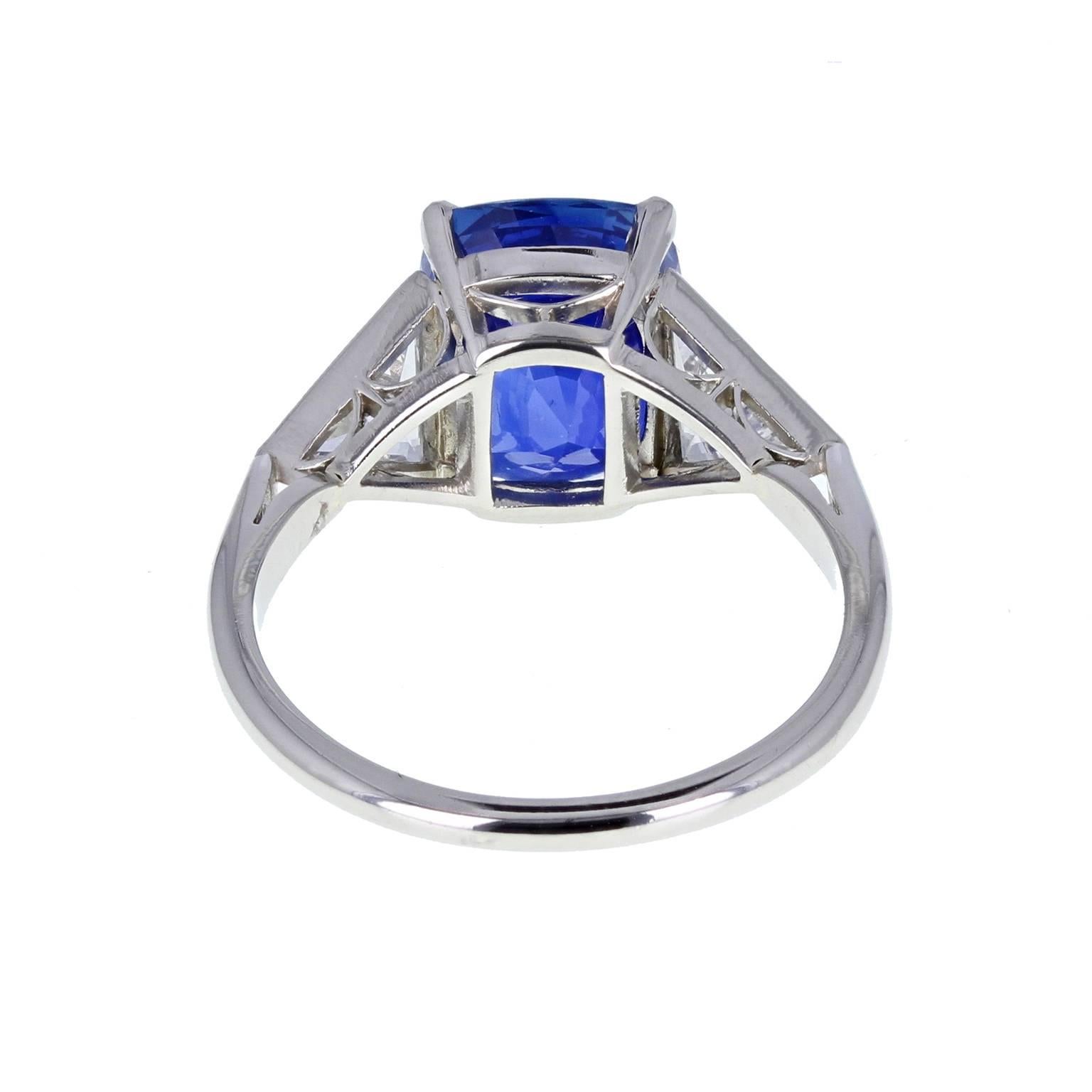 Modern Certified No Heat 5 Carat Ceylon Sapphire Diamond Three-Stone Platinum Ring