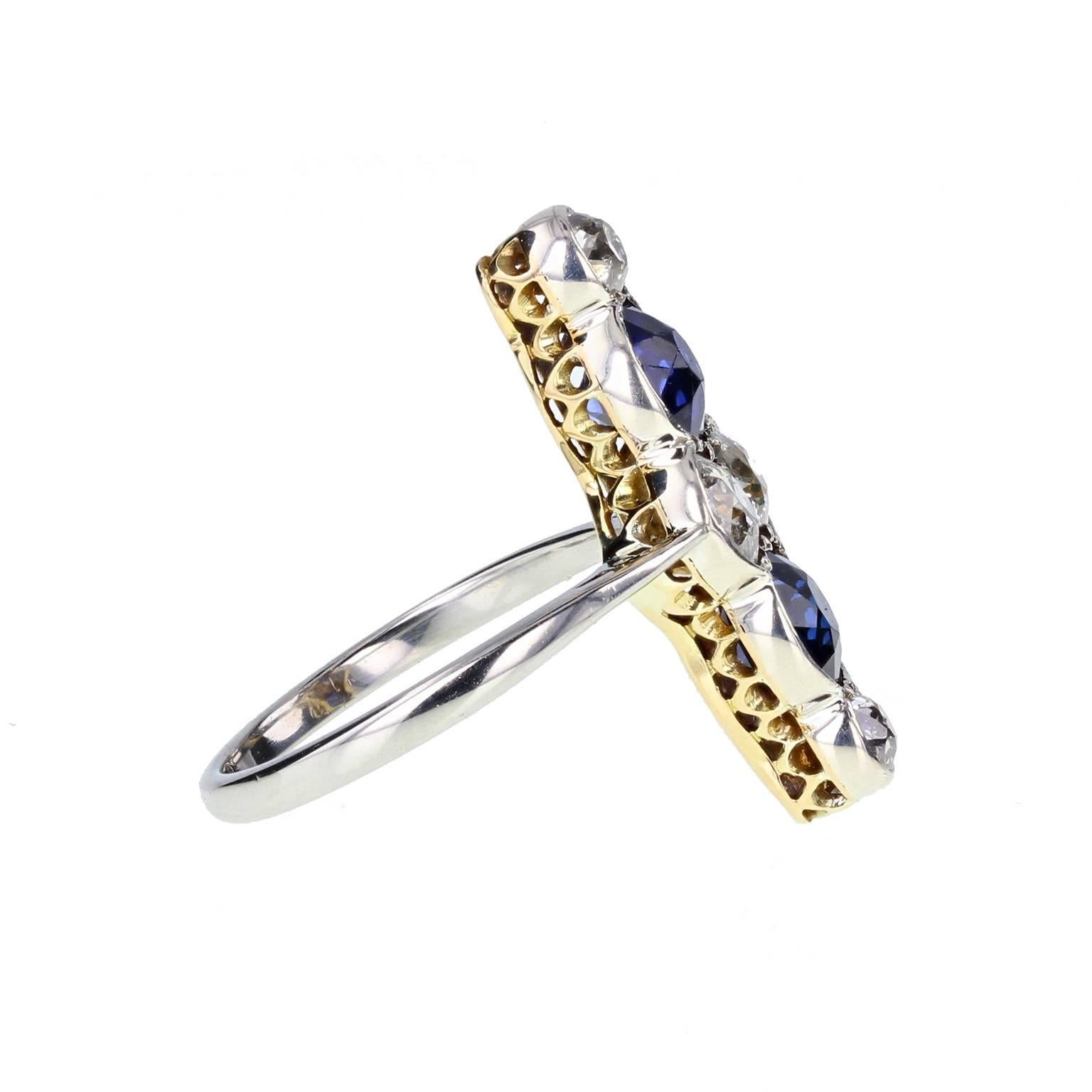 Women's Art Deco Sapphire Diamond Gold Platinum Cluster Ring