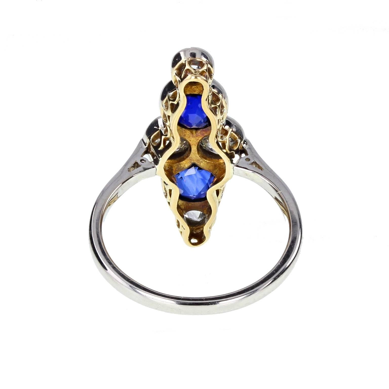 Art Deco Sapphire Diamond Gold Platinum Cluster Ring In Excellent Condition In Newcastle Upon Tyne, GB