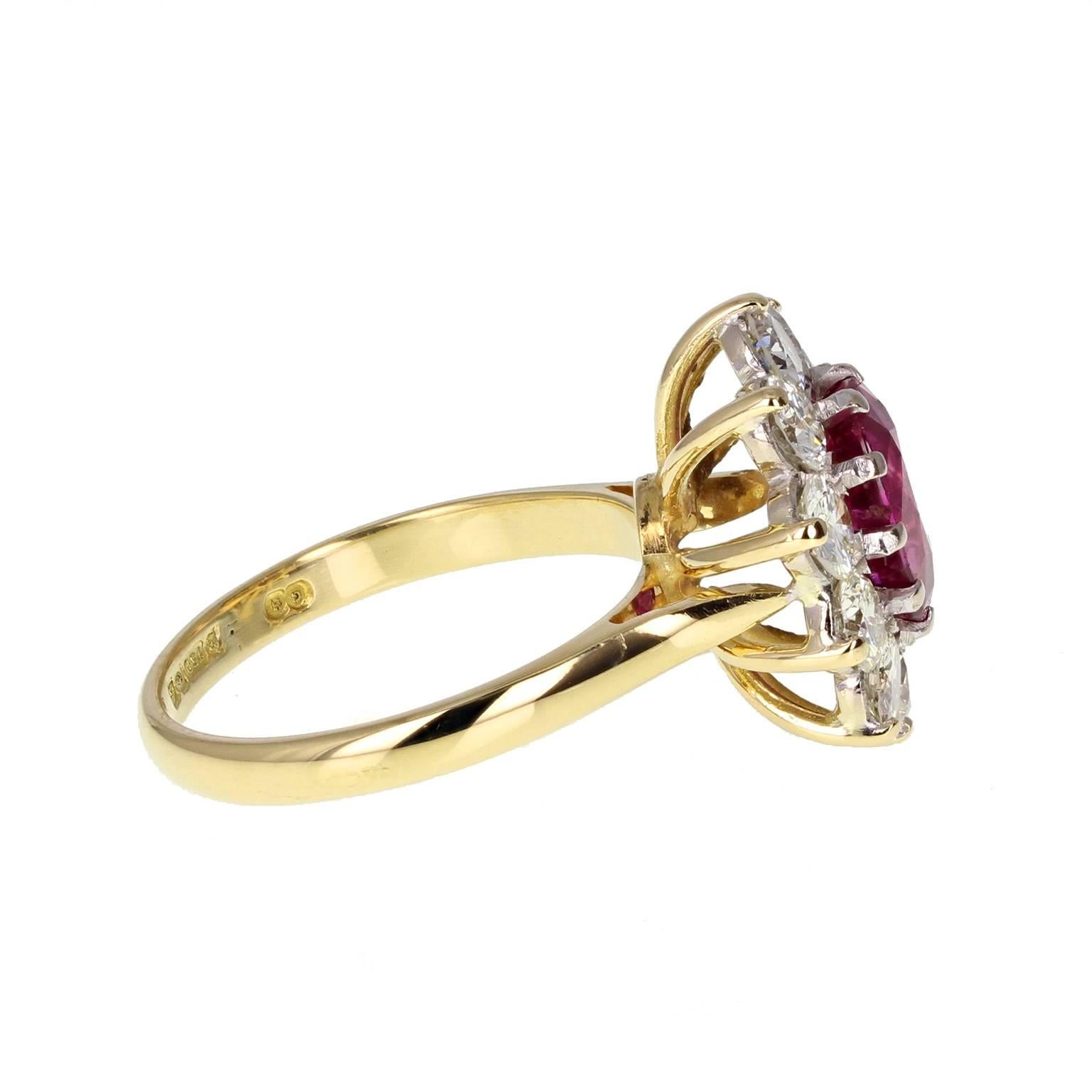 Modern Natural Untreated Thai Ruby Diamond Cluster Gold Ring For Sale