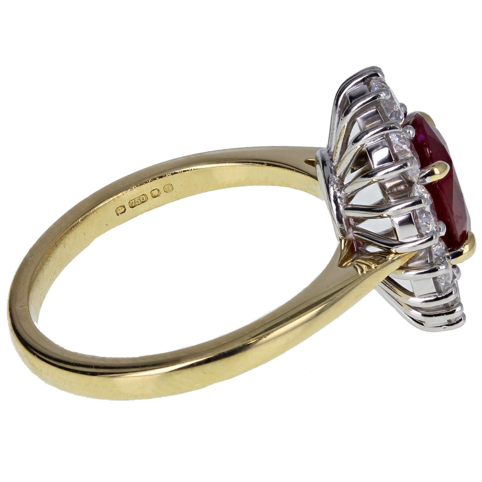 Burma Ruby Diamond 18 Carat Gold Cluster Ring In Excellent Condition For Sale In Newcastle Upon Tyne, GB