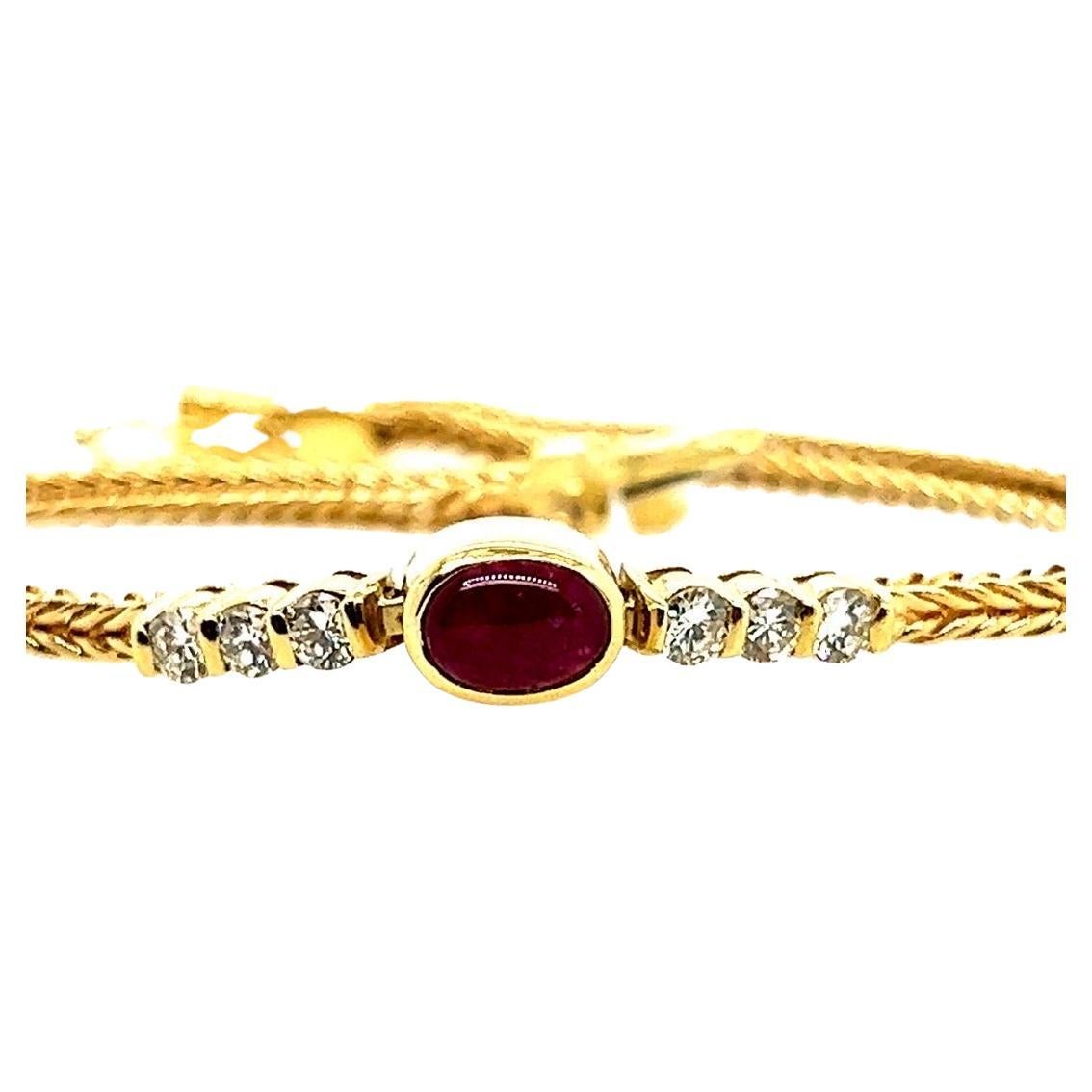 Retro Gold 1 Carat Natural Diamond and Red Ruby Cabochon Bracelet, circa 1970 For Sale