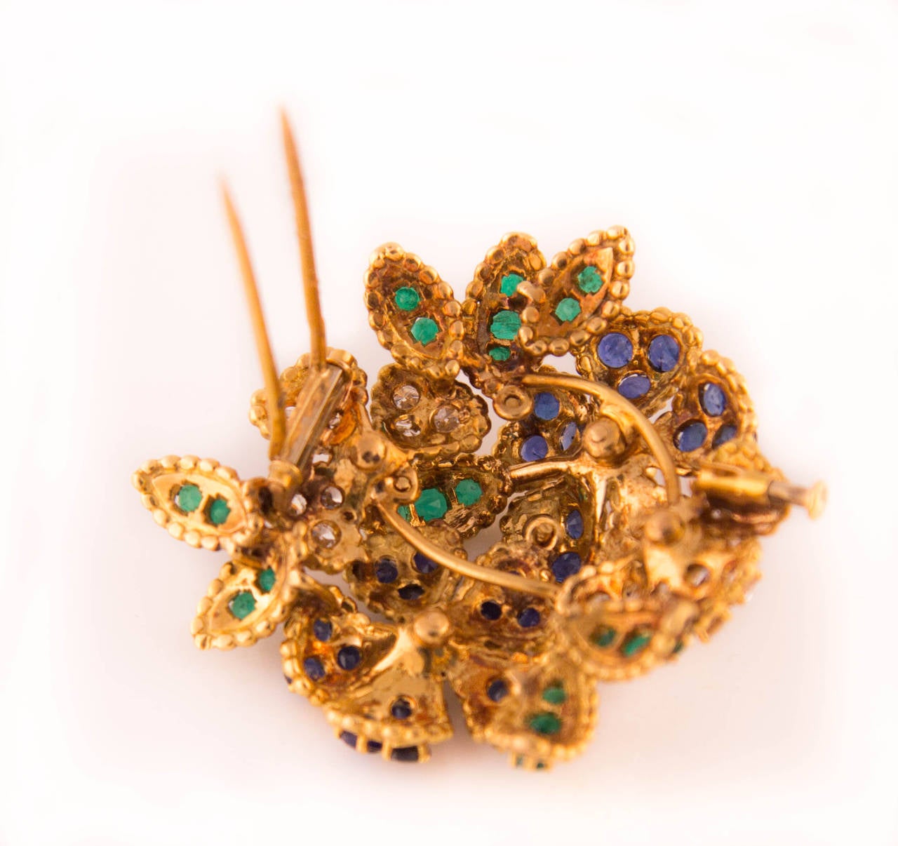 Women's 1960s Mauboussin Emerald Sapphire Diamond Gold Brooch For Sale