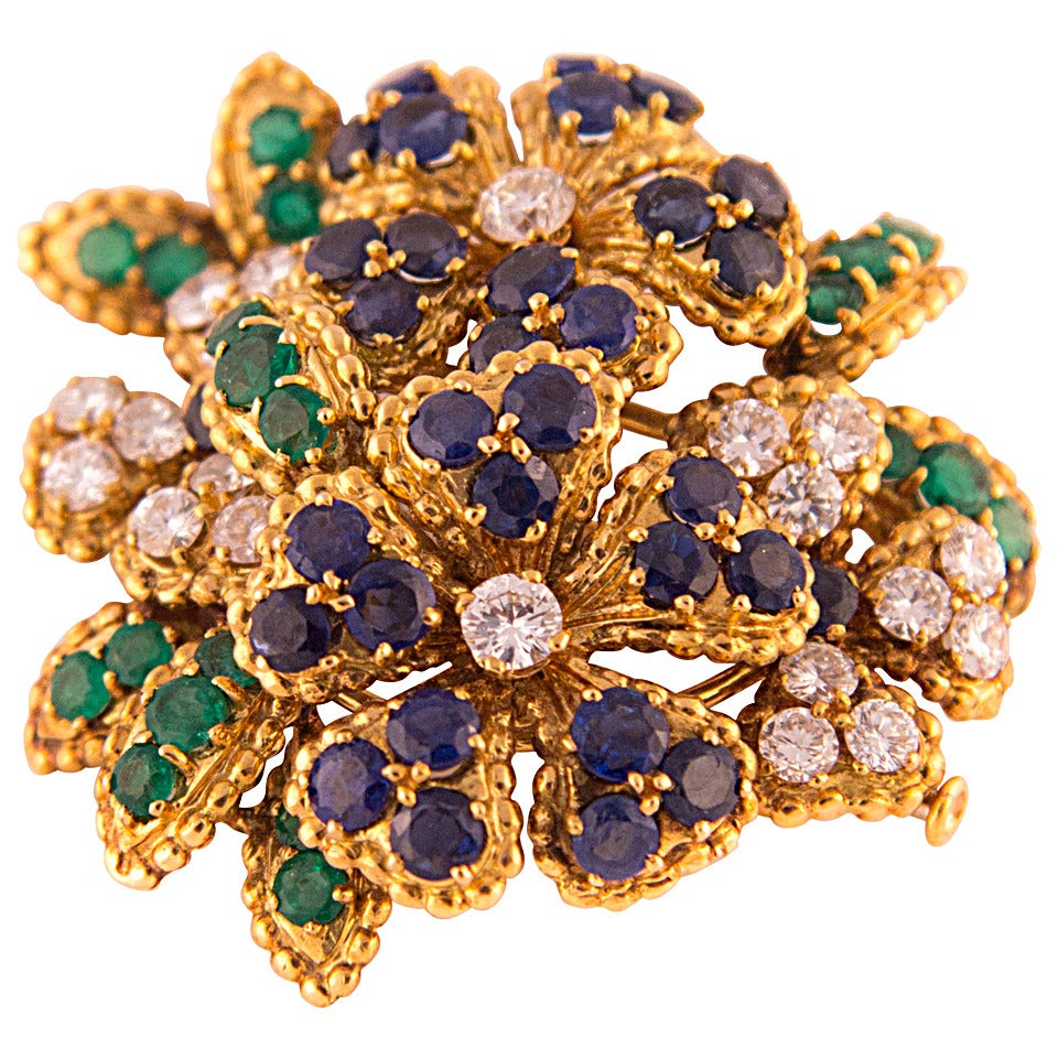 1960s Mauboussin Emerald Sapphire Diamond Gold Brooch For Sale