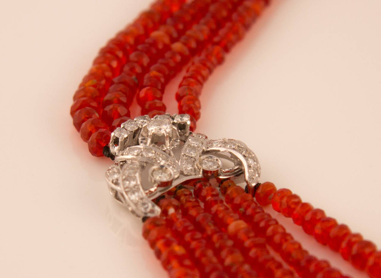 Art Deco Fire Opal Diamond Gold Platinum Multistrand Necklace