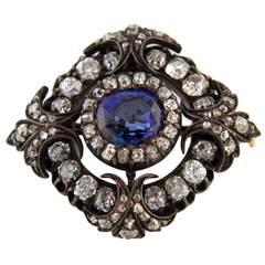 1870s Sapphire Diamond Silver Gold Brooch