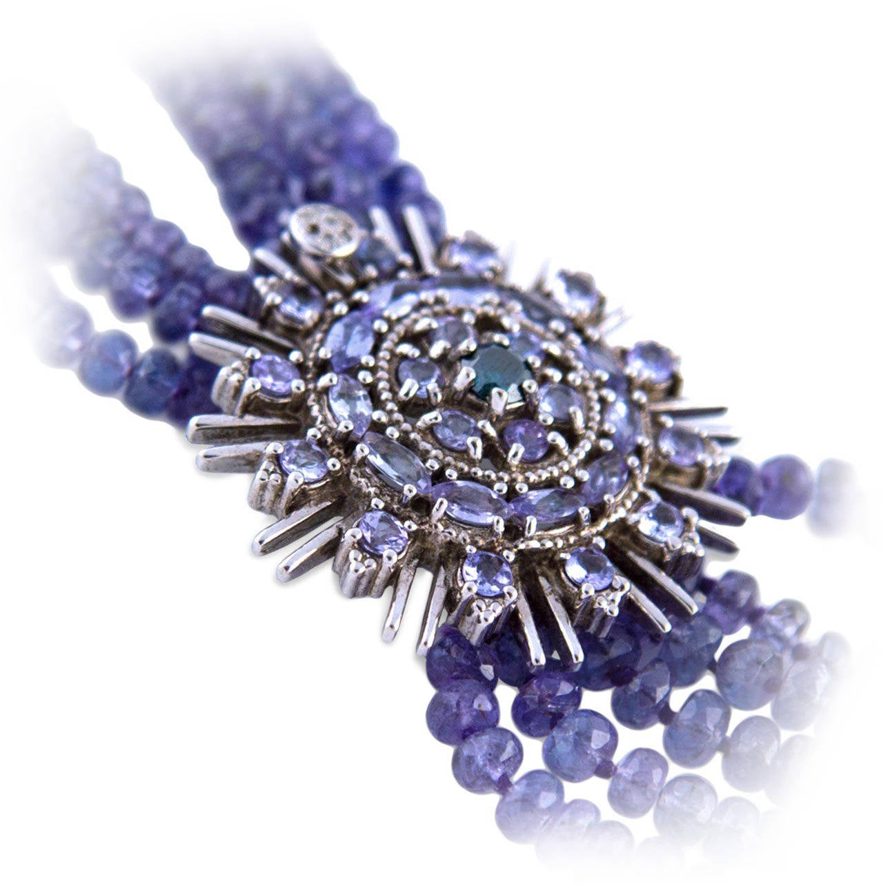 Beautiful Tanzanite 6 strand necklace, beveled beads from diameter 3 to 8 mm, total approx 550ct, clasp in 583 white gold with diamonds total approx 0,45ct, length 20,47in, total weight 132,2g