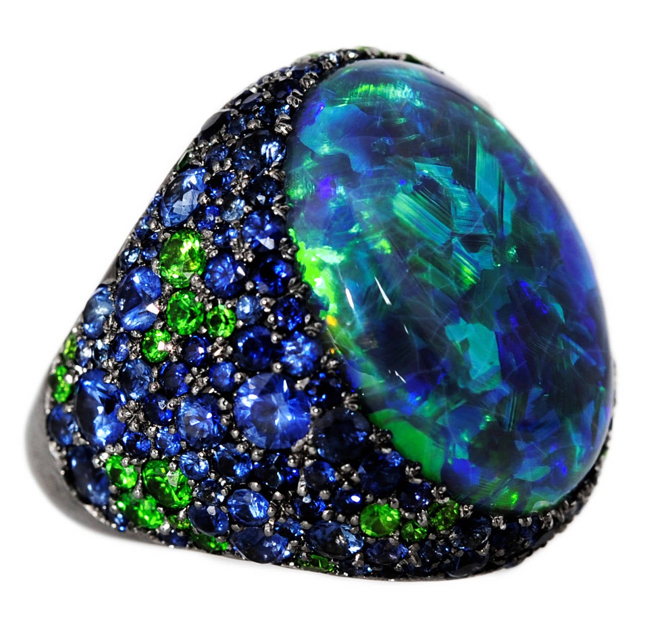 Exceptional Black Opal Sapphire Demantoid Gold Cocktail Ring For Sale