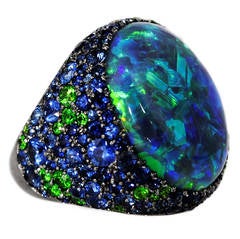 Exceptional Black Opal Sapphire Demantoid Gold Cocktail Ring