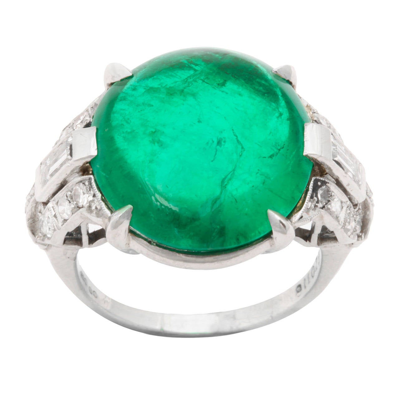 Art Deco J.E. Caldwell Cabochon  Emerald  Diamond Ring For Sale