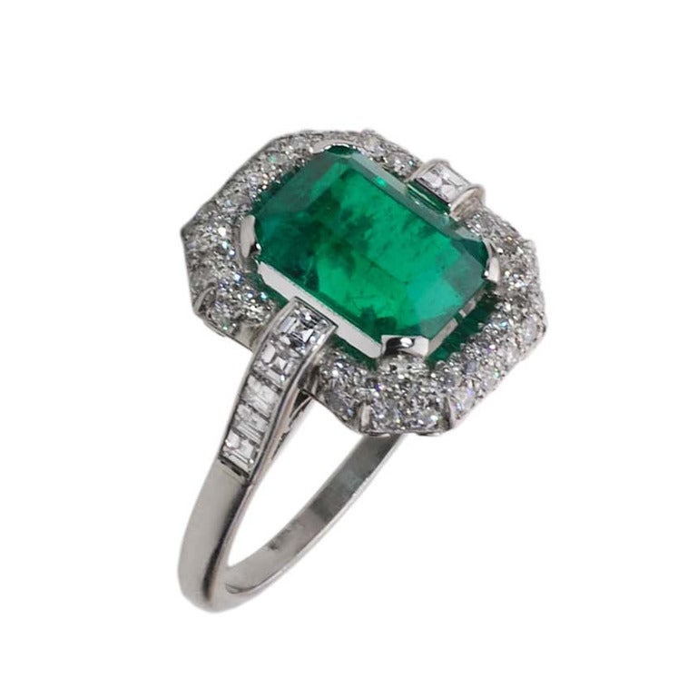 Art Deco Emerald Diamond Platinum Ring