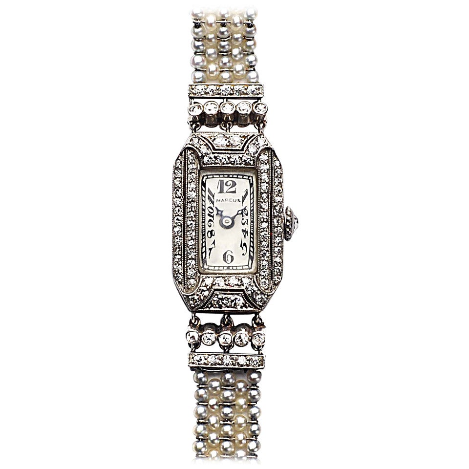 Marcus & Co. Lady's Platinum Diamond Pearl Wristwatch For Sale