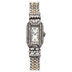 Antique Marcus & Co. Lady's Platinum Diamond Pearl Wristwatch
