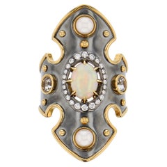 Opal, Topaz & Akoya Pearls Bouclier Ring in 18k yellow Gold by Elie Top