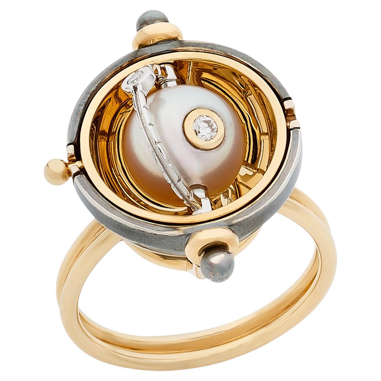 Diamond Sphere Ring Akoya Pearl in 18k Gold by Elie Top 
