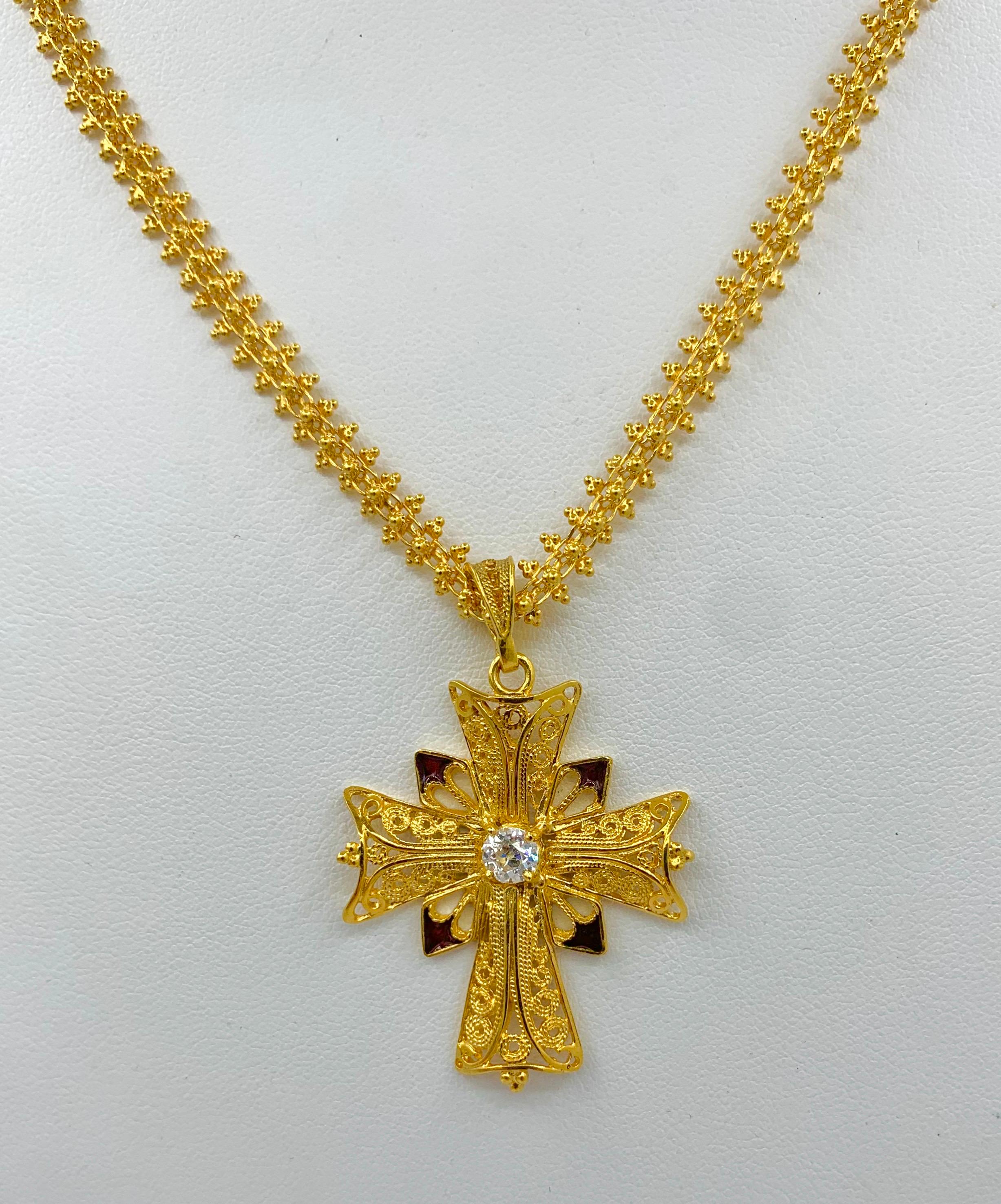 Contemporary Old Mine Diamond Tourmaline Cross 18 Karat Gold Enamel Cross Necklace For Sale
