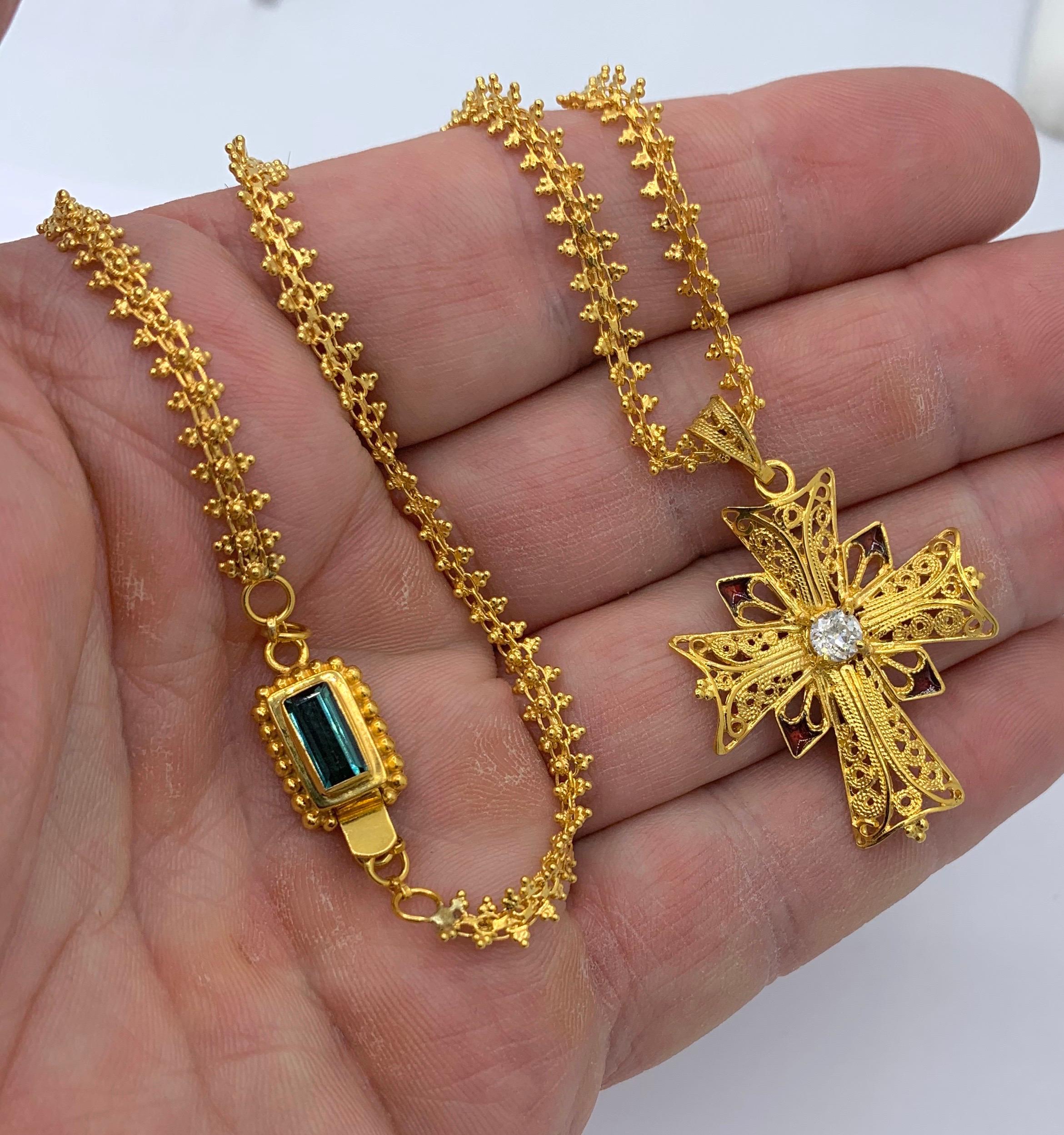 Old Mine Diamond Tourmaline Cross 18 Karat Gold Enamel Cross Necklace In Excellent Condition For Sale In New York, NY