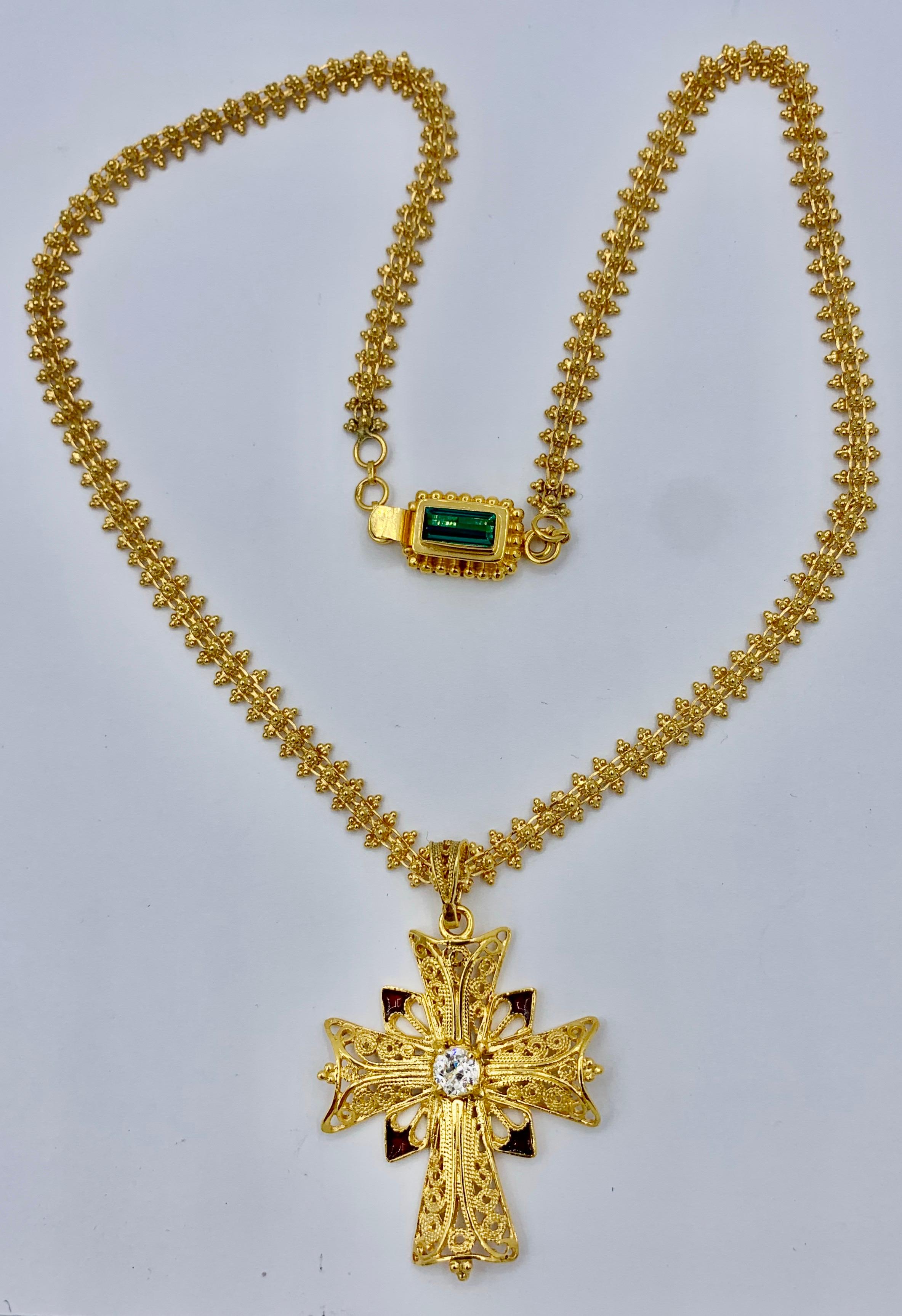 Old Mine Diamond Tourmaline Cross 18 Karat Gold Enamel Cross Necklace For Sale 1