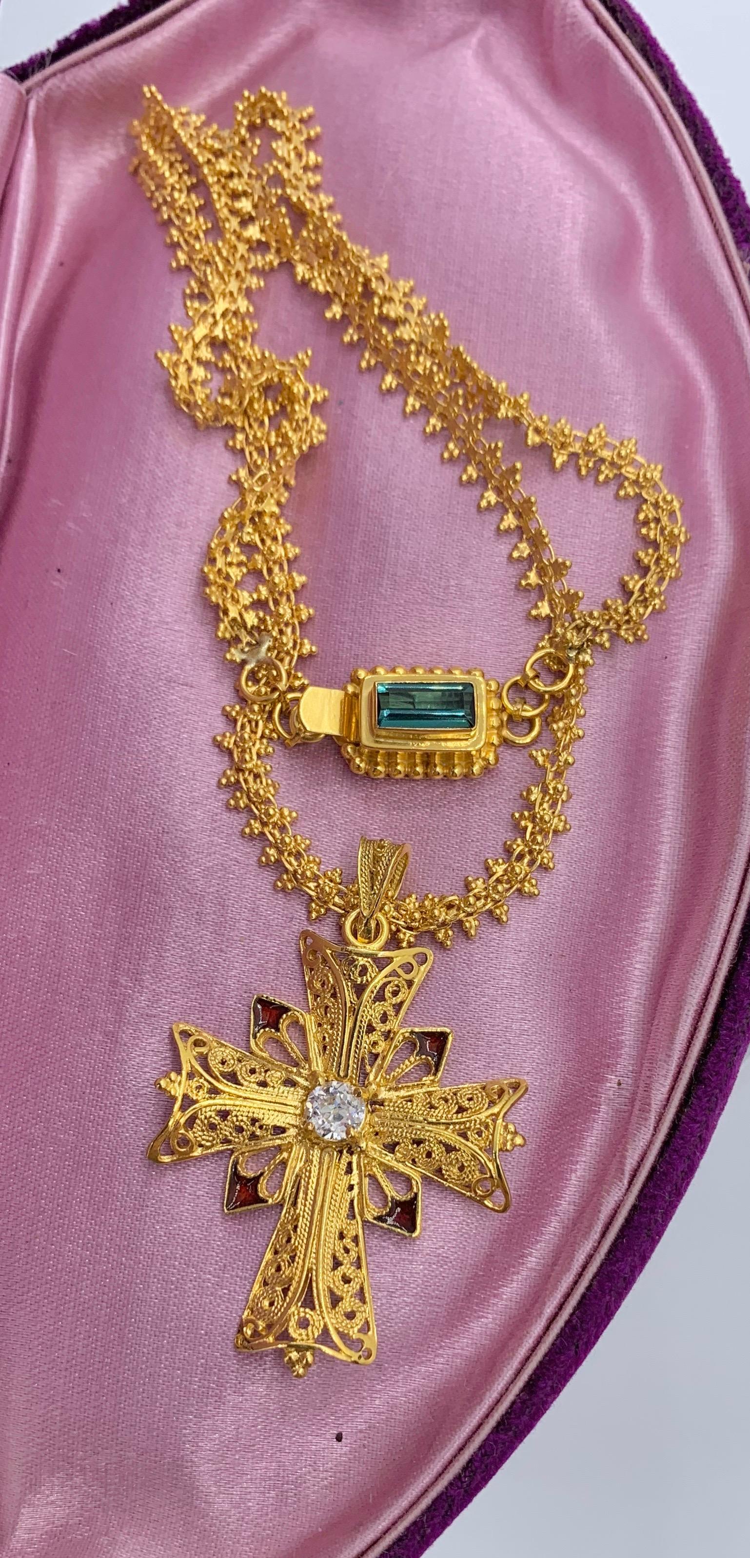 Old Mine Diamond Tourmaline Cross 18 Karat Gold Enamel Cross Necklace For Sale 6