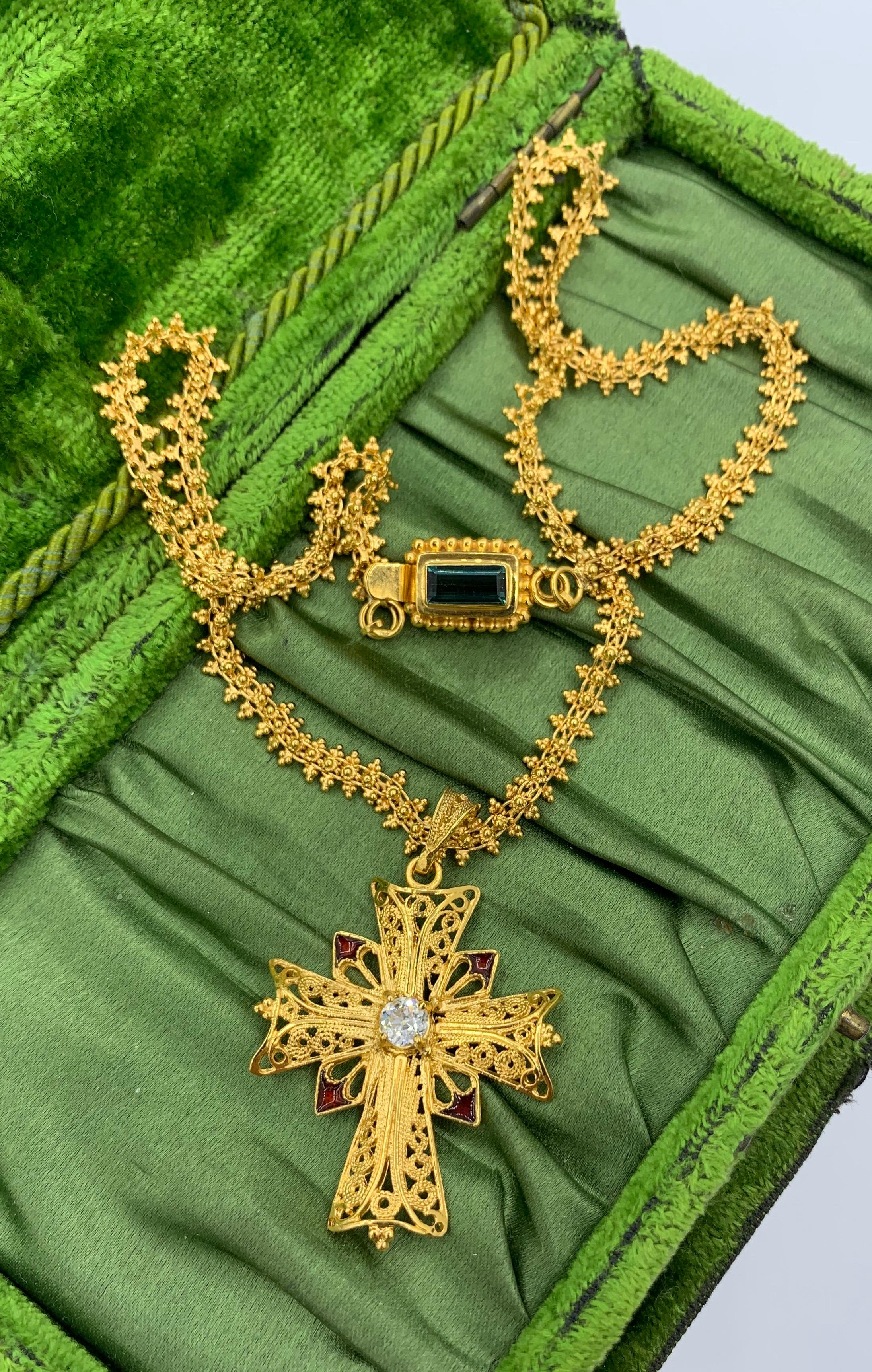 Old Mine Diamond Tourmaline Cross 18 Karat Gold Enamel Cross Necklace For Sale 8