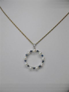 Art Deco Natural Sapphire Diamond Pearl Circle Pendant Necklace Antique 14K Gold