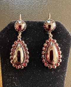 Victorian Bohemian Garnet Dangle Drop Earrings Gold Circa 1880 Rare 2 Inches