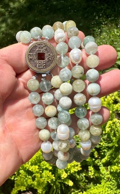 Aquamarine Baroque Pearl Triple Strand Necklace 11mm Beads Chinese Medallion
