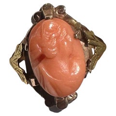 Art Deco Coral Cameo Goddess Woman Ring Yellow Gold Antique Neoclassical