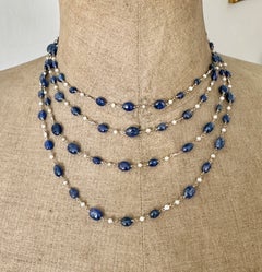 Collana lunga con zaffiri, diamanti e perle, 63" in oro bianco 14K, venduta al metro