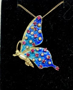 14K Gold Butterfly Pendant Necklace with Ruby and Pearl, 20th Century