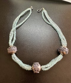 Aquamarine Triple Strand Torsade Necklace, Sterling Silver Beads, 18"