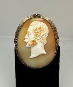 Victorian 12K Gold Shell Cameo Brooch, Male Portrait, 19th Century