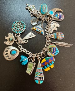 Native American Indian Charm Bracelet Sterling Silver Inlay Turquoise Opal Coral