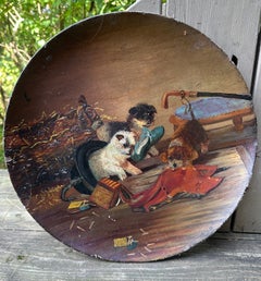 Victorian 3 Puppy Dog Painting Terrier Top Hat Book 19th Century 16"