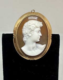 Victorian Michelangelo David Cameo Pendant Brooch Signed Castaldi 14K Gold