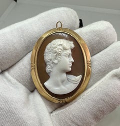 Victorian Michelangelo David Cameo Pendant Brooch Signed Castaldi 14K Gold