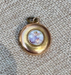 Victorian Cherub Angel Locket Enamel 14K Gold Pendant Necklace Putti Flower