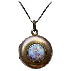 Victorian Cherub Angel Locket Enamel 14K Gold Pendant Necklace Putti Flower