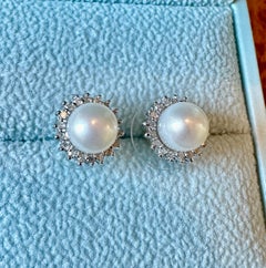 36 Diamond 8mm Pearl Earrings 14K White Gold Wedding Engagement Earrings