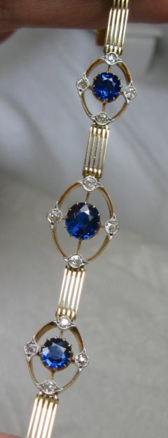 Antique Art Deco 3.1 Carat Sapphire Diamond Bracelet 15 Karat Gold Edwardian